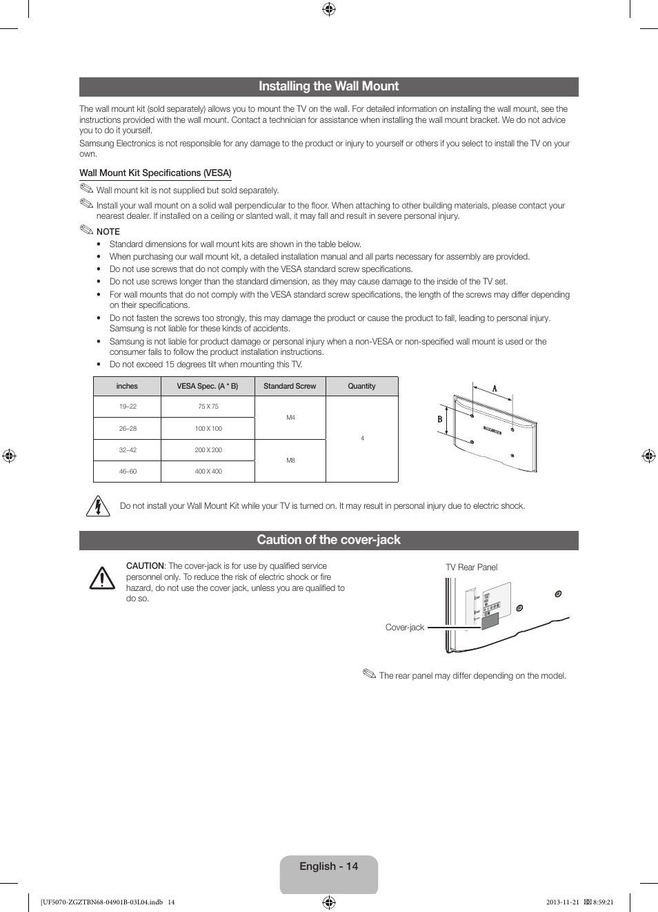 Installing the wall mount, Caution of the cover-jack | Samsung UE50F5070SS User Manual | Page 14 / 75