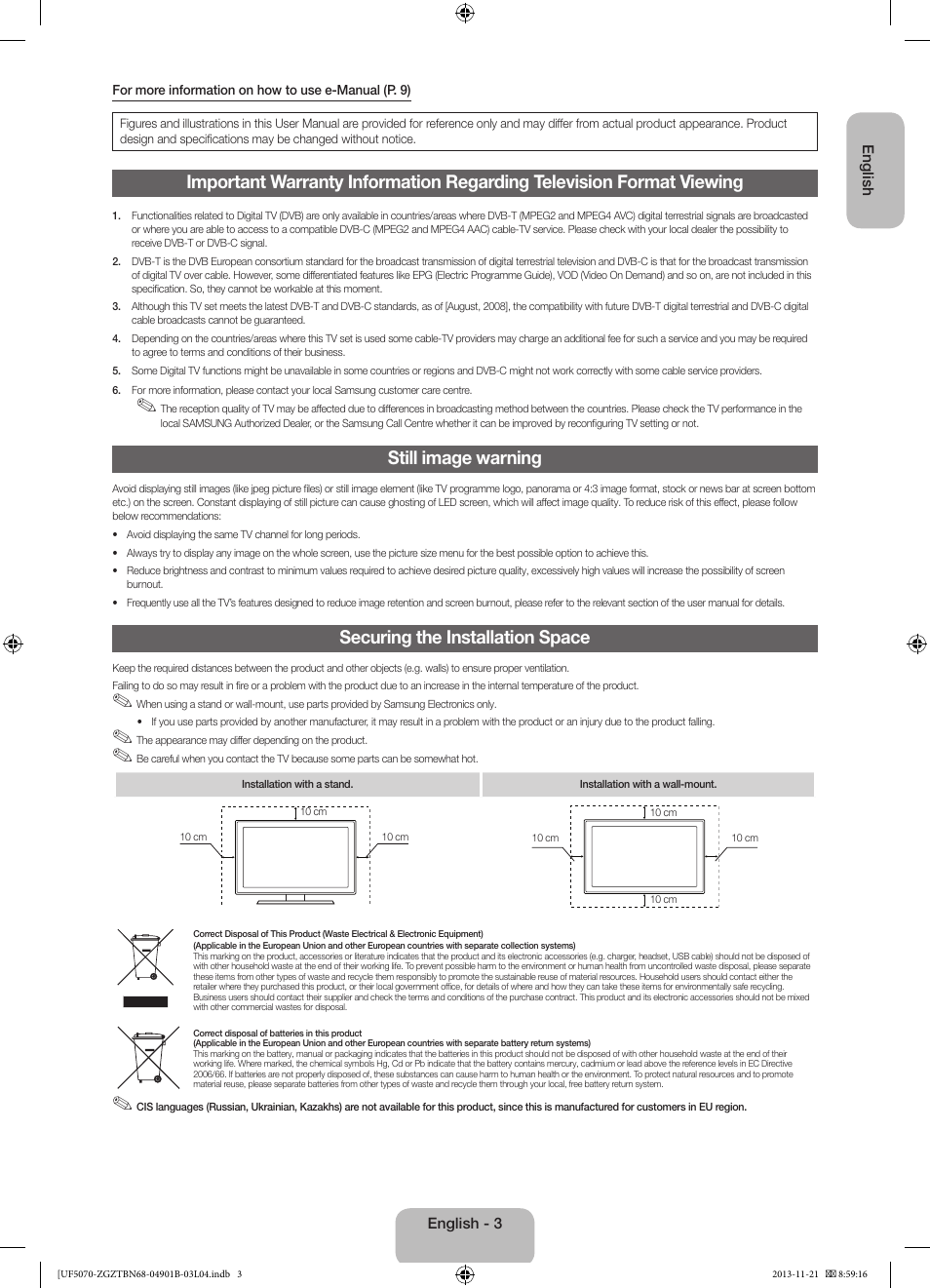 Still image warning, Securing the installation space | Samsung UE50F5070SS User Manual | Page 3 / 75