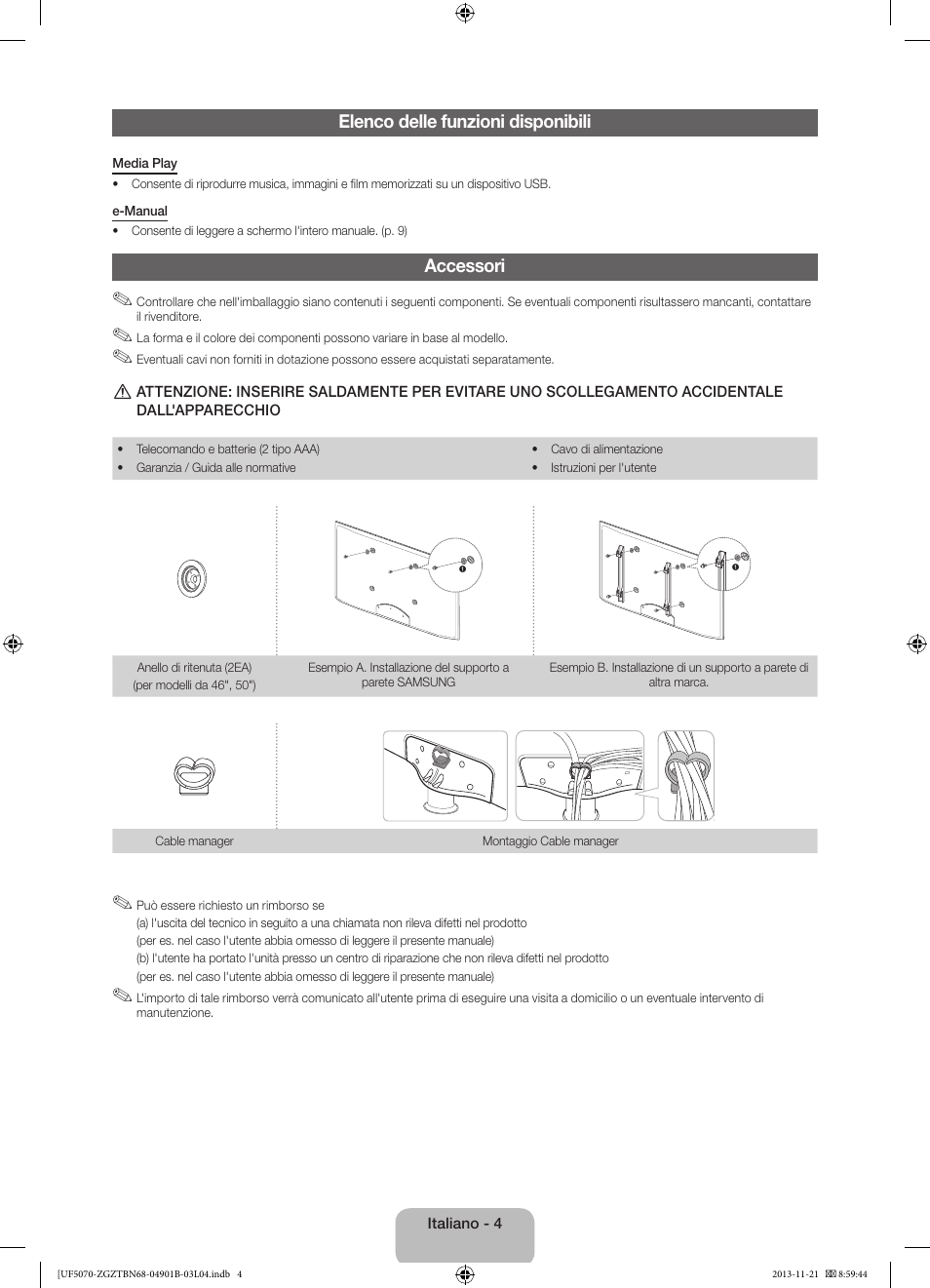 Elenco delle funzioni disponibili, Accessori | Samsung UE50F5070SS User Manual | Page 58 / 75