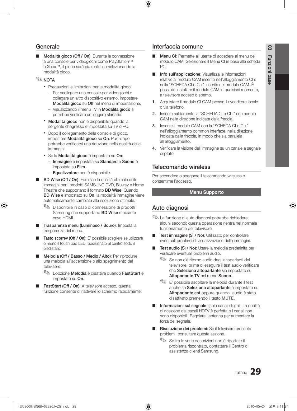 Generale, Interfaccia comune, Telecomando wireless | Auto diagnosi | Samsung UE46C9000ZW User Manual | Page 157 / 256