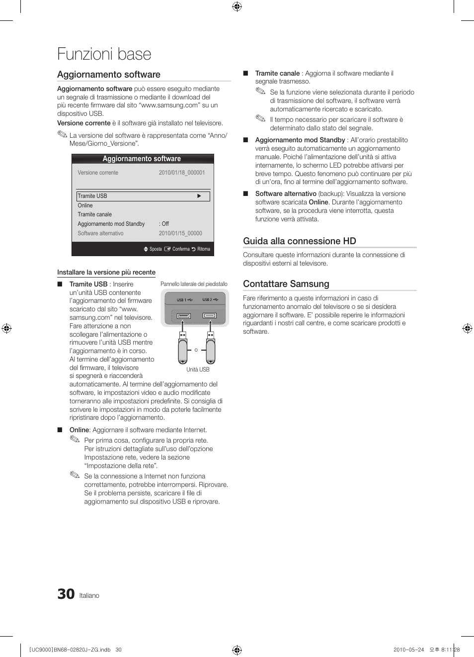 Funzioni base, Aggiornamento software, Guida alla connessione hd | Contattare samsung | Samsung UE46C9000ZW User Manual | Page 158 / 256