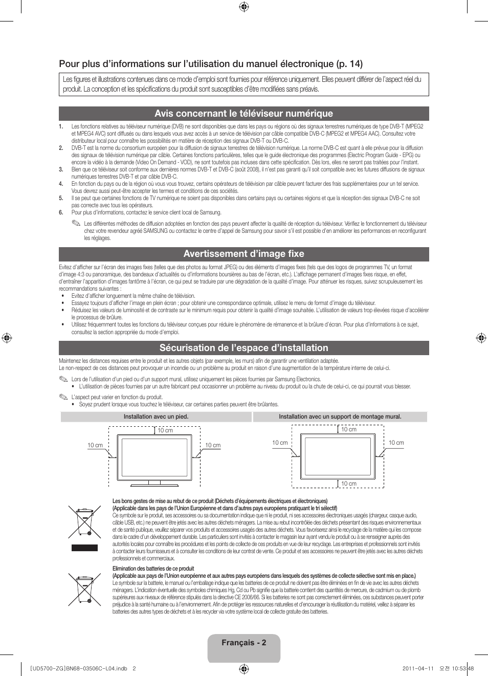 Avis concernant le téléviseur numérique, Avertissement d’image fixe, Sécurisation de l’espace d’installation | Samsung UE40D5720RS User Manual | Page 42 / 80