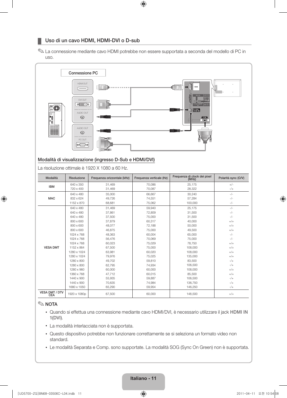 Uso di un cavo hdmi, hdmi-dvi o d-sub | Samsung UE40D5720RS User Manual | Page 71 / 80