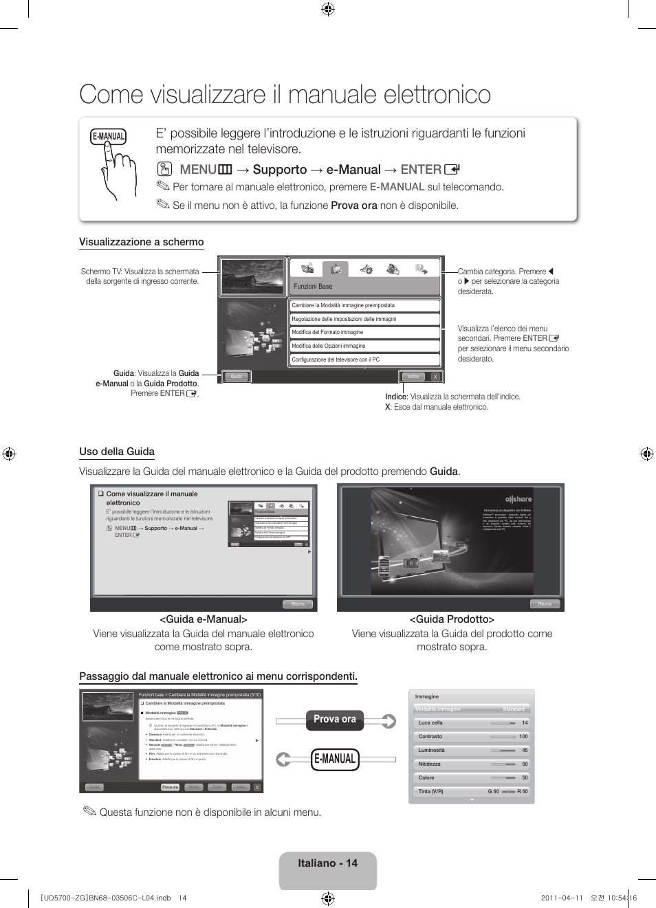 Come visualizzare il manuale elettronico, Menu m → supporto → e-manual → enter e, Italiano - 14 | Questa funzione non è disponibile in alcuni menu, Prova ora, E-manual | Samsung UE40D5720RS User Manual | Page 74 / 80