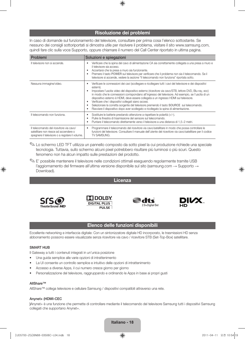 Risoluzione dei problemi, Licenza elenco delle funzioni disponibili | Samsung UE40D5720RS User Manual | Page 78 / 80
