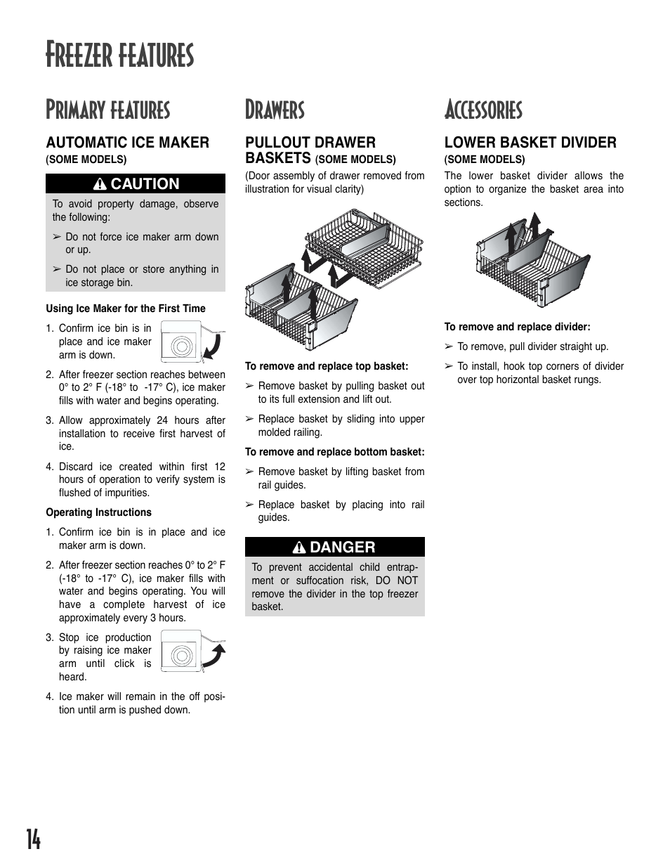 Freezer features, Primary features, Drawers | Accessories | Amana Bottom-Freezer Refrigerator User Manual | Page 14 / 72