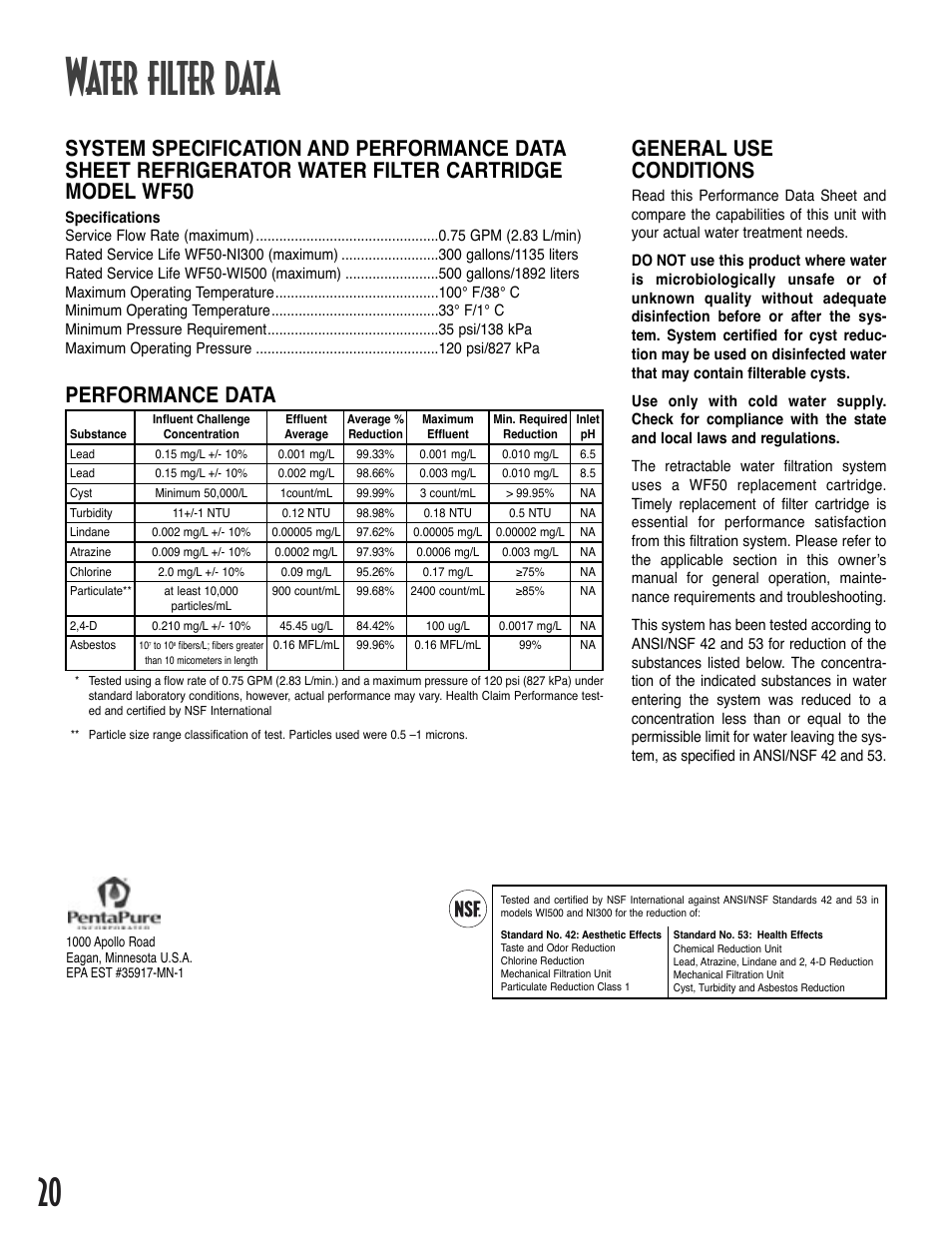 Water filter data, General use conditions | Amana Bottom-Freezer Refrigerator User Manual | Page 20 / 72