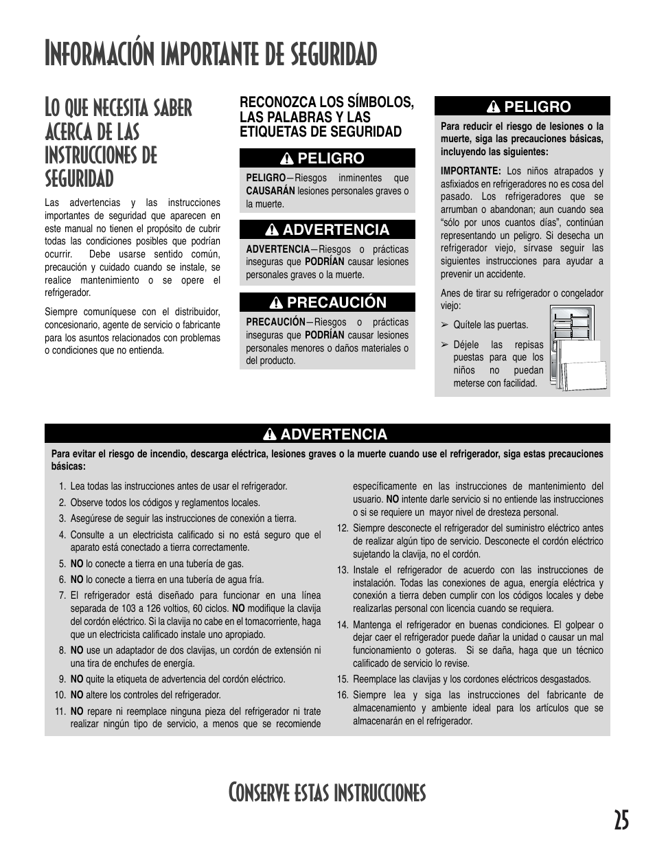 Información importante de seguridad, Conserve estas instrucciones | Amana Bottom-Freezer Refrigerator User Manual | Page 25 / 72