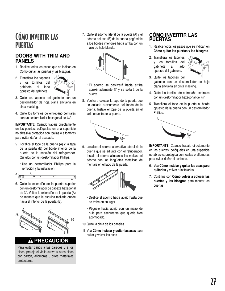 27 cómo invertir las puertas, Doors with trim and panels, Cómo invertir las puertas | Precaución | Amana Bottom-Freezer Refrigerator User Manual | Page 27 / 72