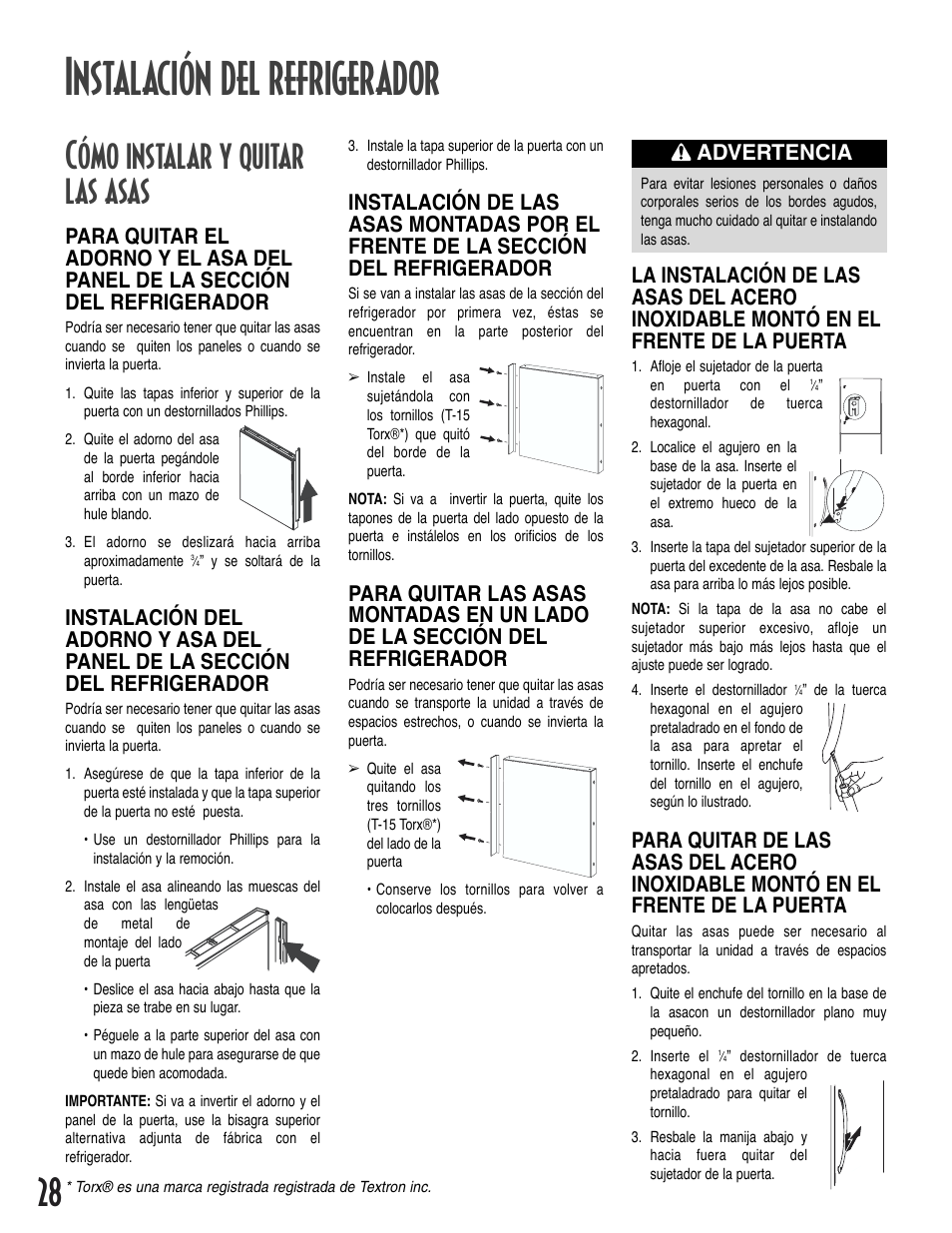 Instalación del refrigerador, Cómo instalar y quitar las asas, Advertencia | Amana Bottom-Freezer Refrigerator User Manual | Page 28 / 72