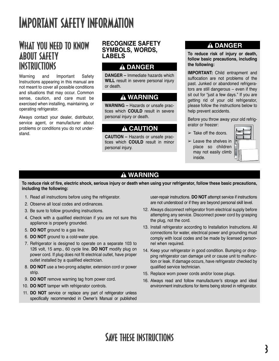 Important safety information, What you need to know about safety instructions, Save these instructions | Amana Bottom-Freezer Refrigerator User Manual | Page 3 / 72