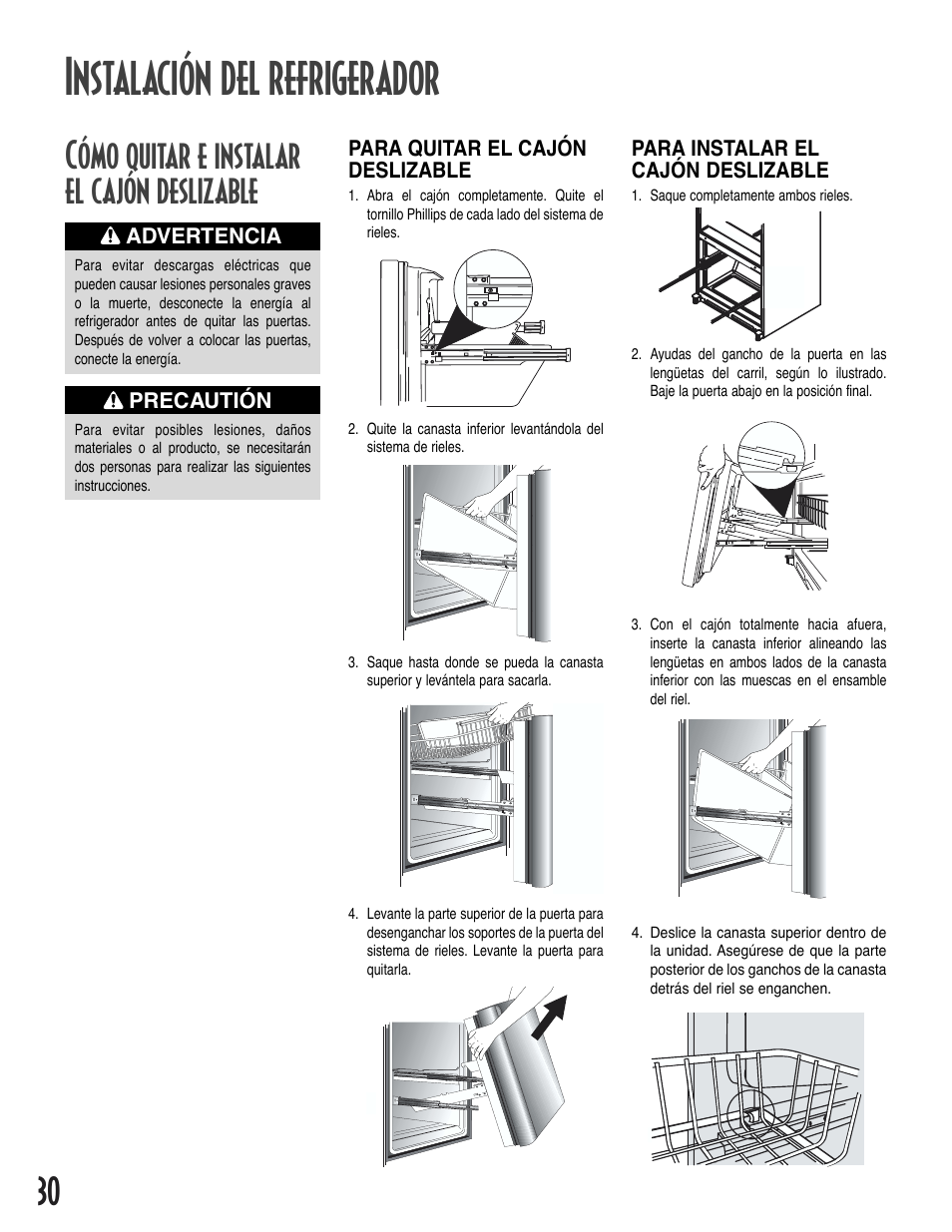 Instalación del refrigerador, Cómo quitar e instalar el cajón deslizable | Amana Bottom-Freezer Refrigerator User Manual | Page 30 / 72