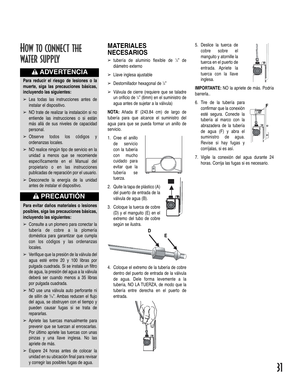 31 how to connect the water supply, Materiales necesarios, Advertencia precautión | Amana Bottom-Freezer Refrigerator User Manual | Page 31 / 72