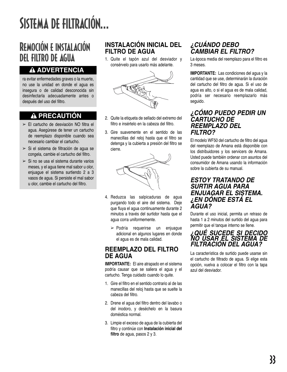 Sistema de filtración, Remoción e instalación del filtro de agua | Amana Bottom-Freezer Refrigerator User Manual | Page 33 / 72