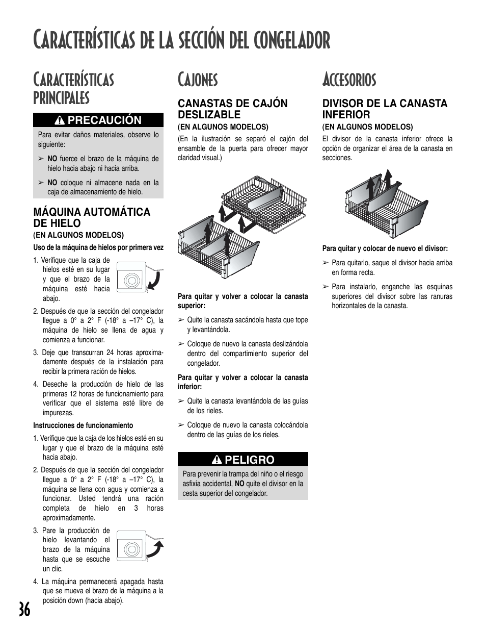 Características de la sección del congelador, Cajones, Accesorios | Características principales | Amana Bottom-Freezer Refrigerator User Manual | Page 36 / 72