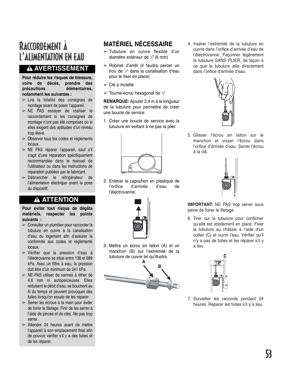 53 raccordement à l’alimentation en eau, Matériel nécessaire, Attention avertissement | Amana Bottom-Freezer Refrigerator User Manual | Page 53 / 72