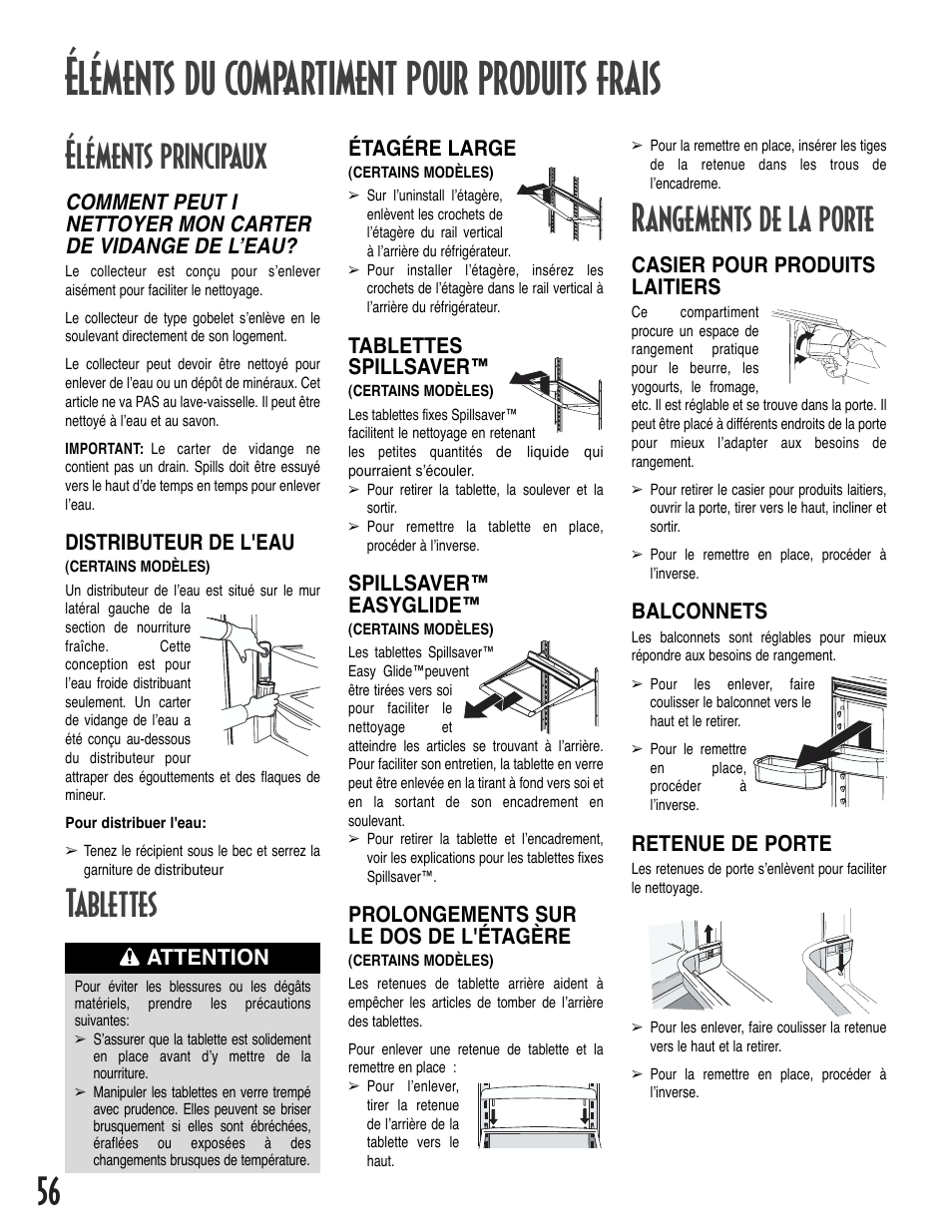 Éléments du compartiment pour produits frais, Éléments principaux, Tablettes | Rangements de la porte | Amana Bottom-Freezer Refrigerator User Manual | Page 56 / 72