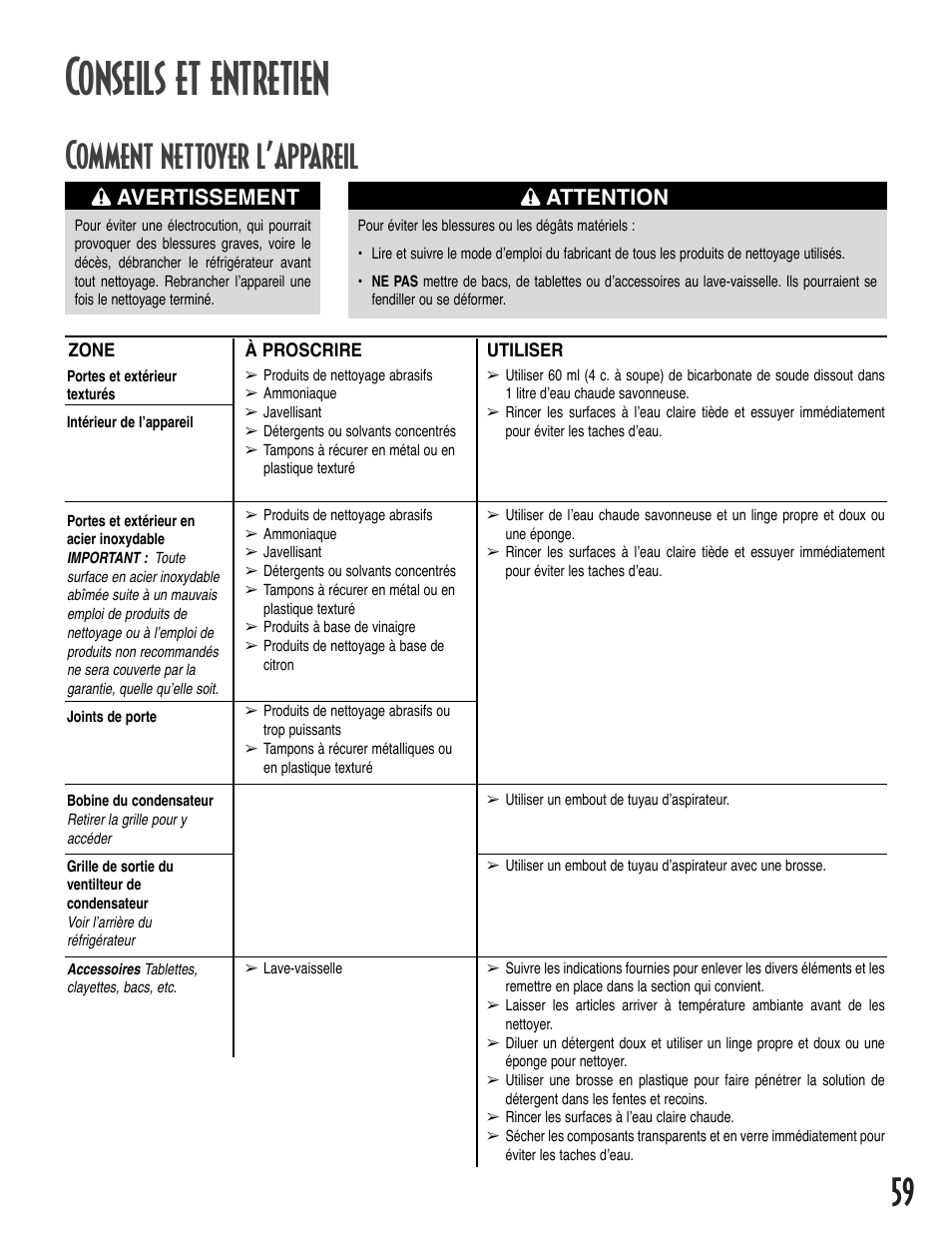 Conseils et entretien, 59 comment nettoyer l’appareil, Attention | Avertissement | Amana Bottom-Freezer Refrigerator User Manual | Page 59 / 72