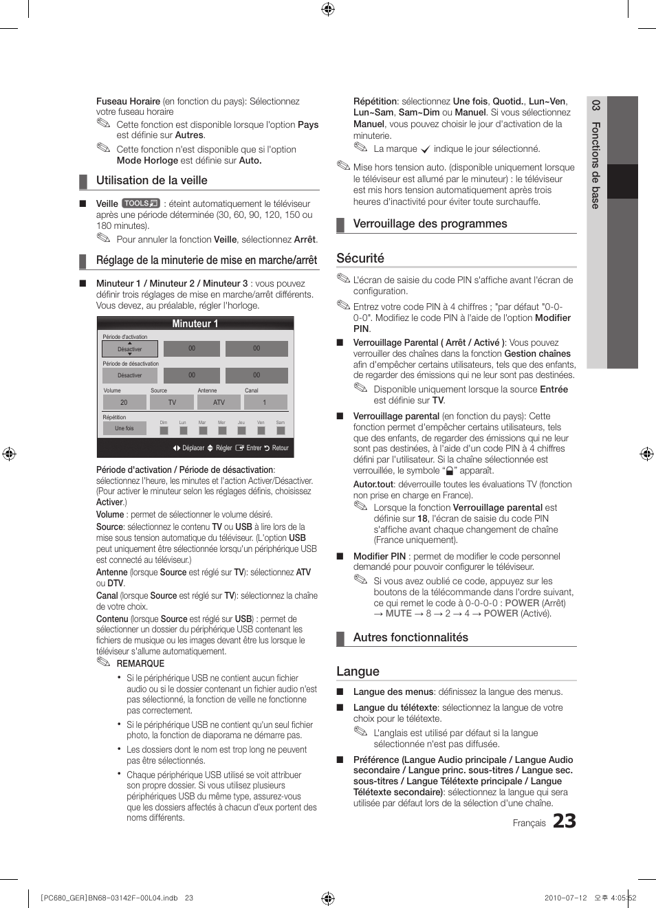 Sécurité, Langue | Samsung PS50C687G5S User Manual | Page 131 / 216