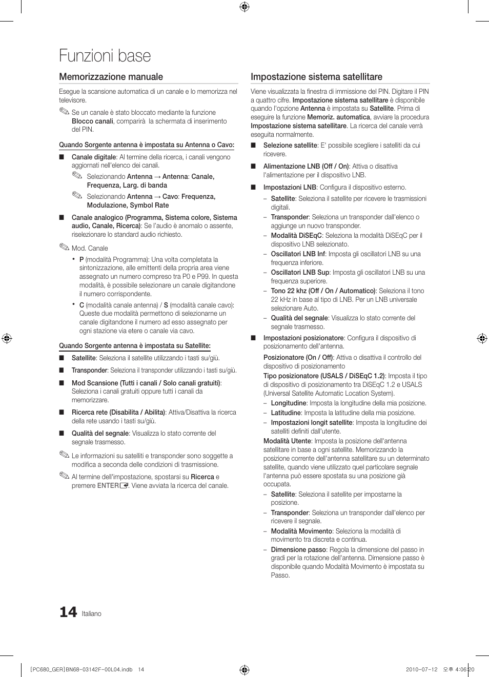 Funzioni base, Impostazione sistema satellitare | Samsung PS50C687G5S User Manual | Page 176 / 216