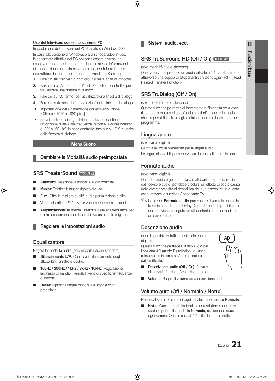 Srs theatersound, Equalizzatore, Srs trusurround hd (off / on) | Srs trudialog (off / on), Lingua audio, Formato audio, Descrizione audio, Volume auto (off / normale / notte) | Samsung PS50C687G5S User Manual | Page 183 / 216