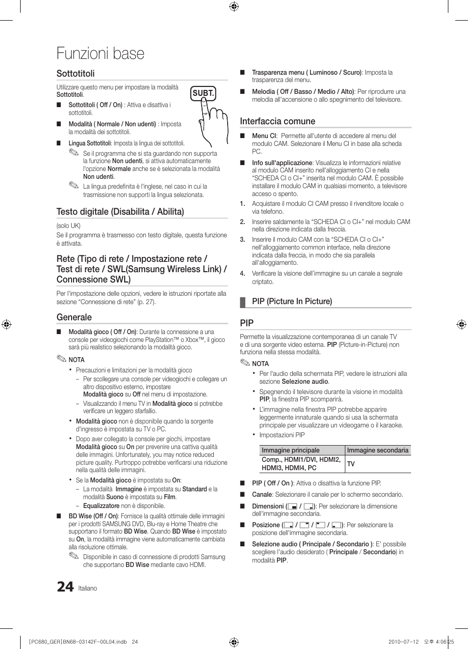 Funzioni base, Sottotitoli, Testo digitale (disabilita / abilita) | Generale, Interfaccia comune | Samsung PS50C687G5S User Manual | Page 186 / 216