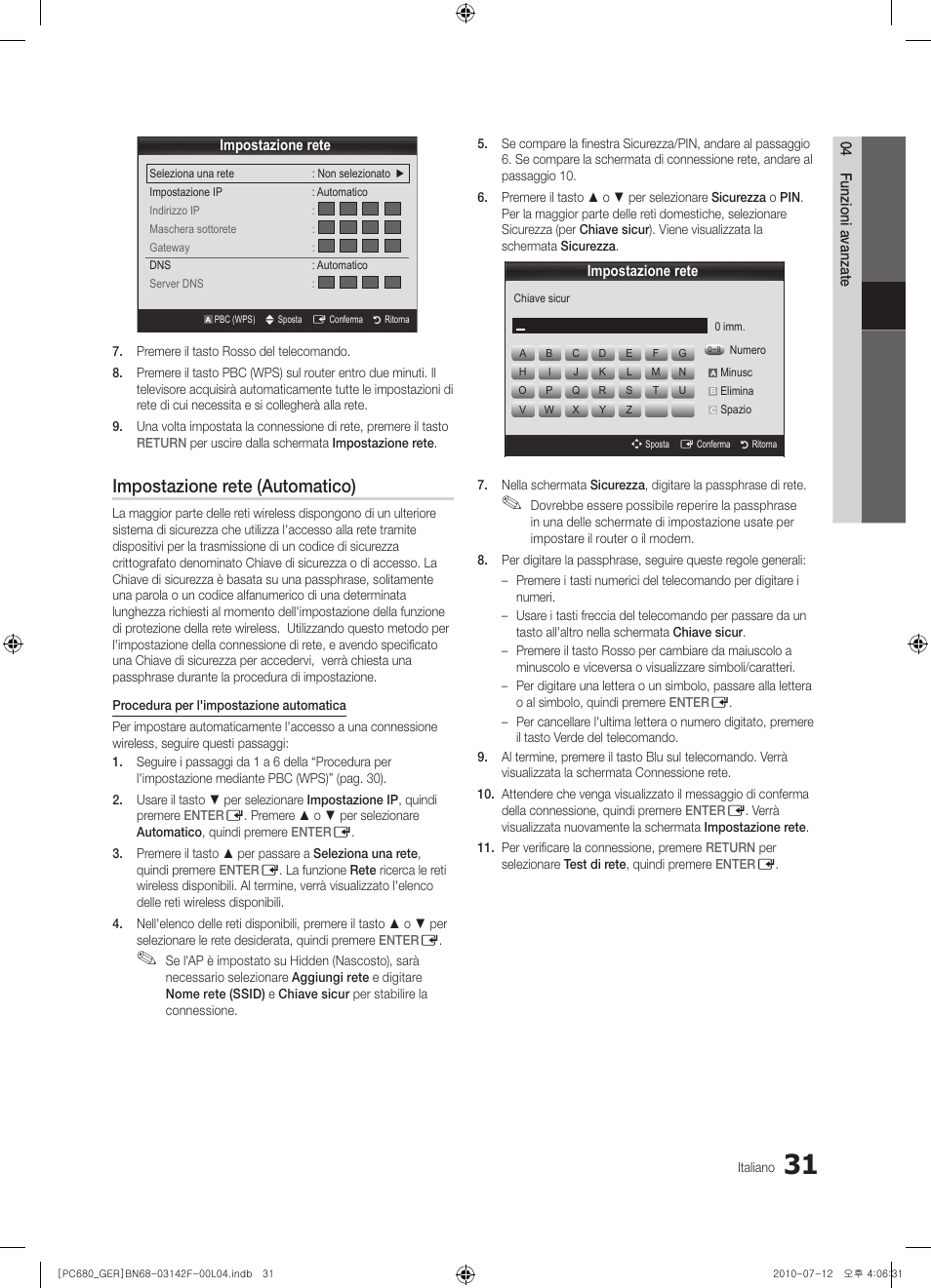 Impostazione rete (automatico) | Samsung PS50C687G5S User Manual | Page 193 / 216
