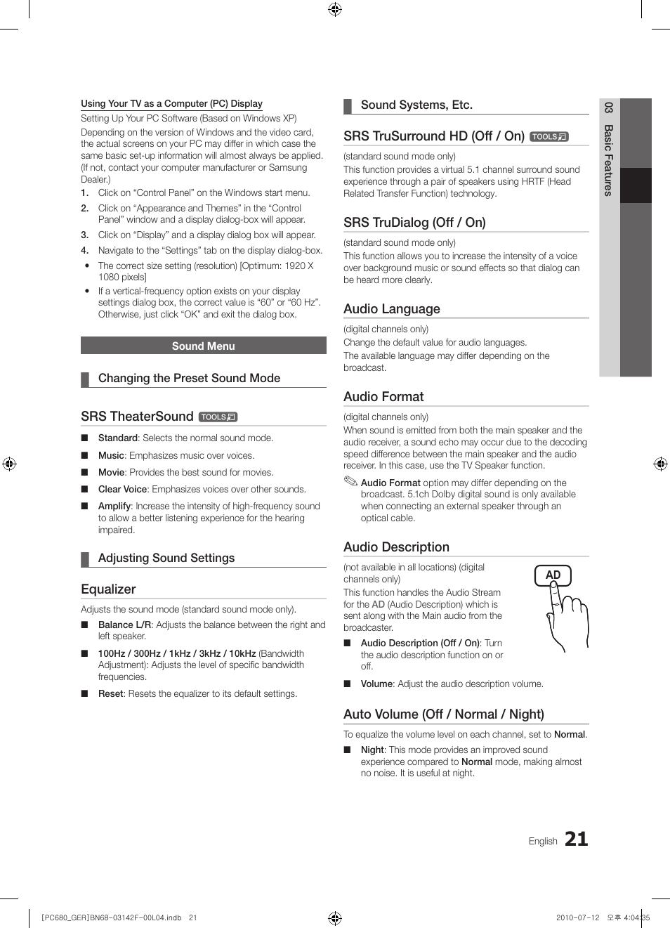 Srs theatersound, Equalizer, Srs trusurround hd (off / on) | Srs trudialog (off / on), Audio language, Audio format, Audio description, Auto volume (off / normal / night) | Samsung PS50C687G5S User Manual | Page 21 / 216