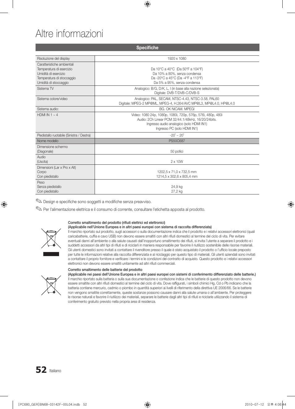Altre informazioni | Samsung PS50C687G5S User Manual | Page 214 / 216