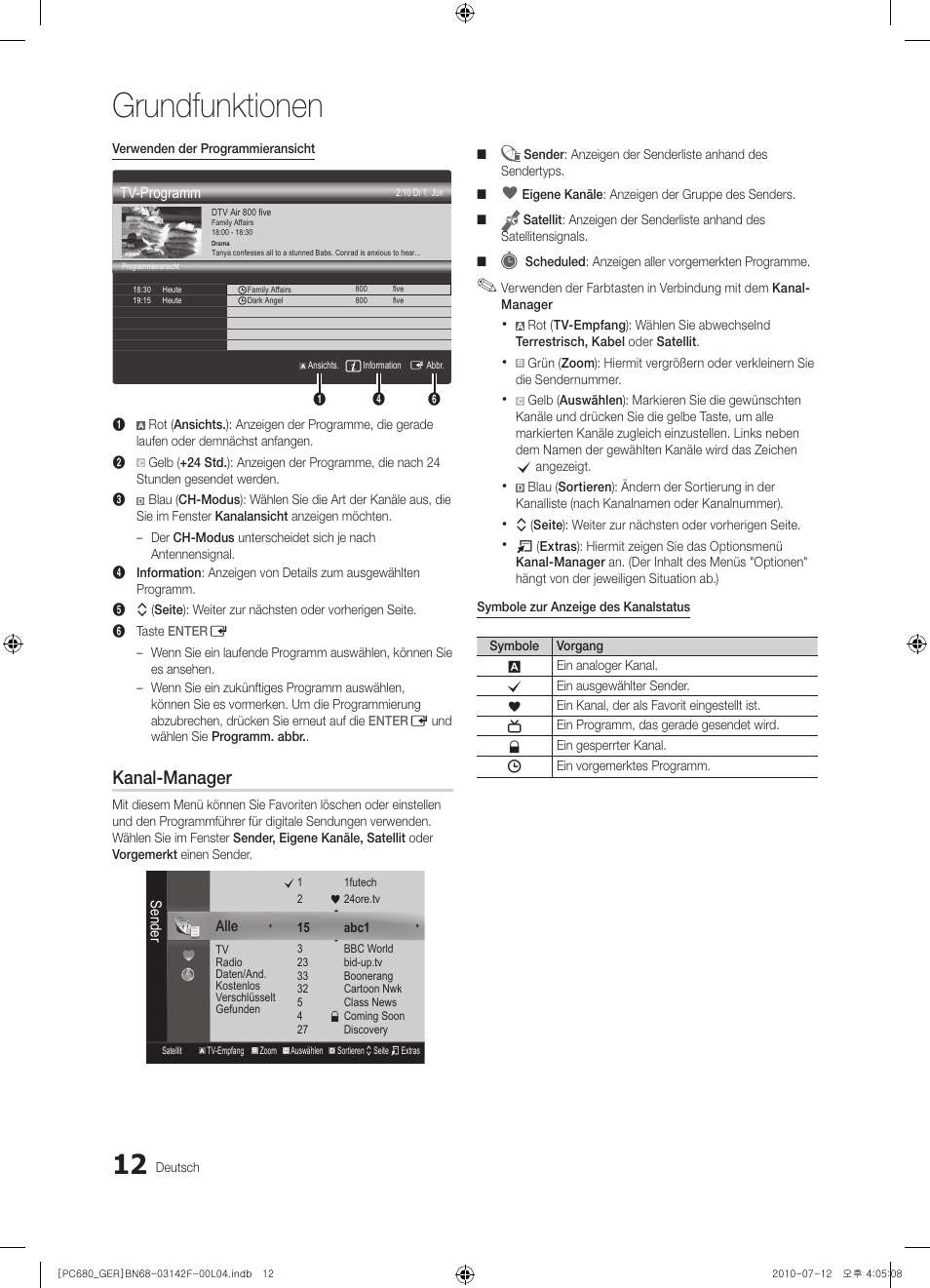 Grundfunktionen, Kanal-manager | Samsung PS50C687G5S User Manual | Page 66 / 216
