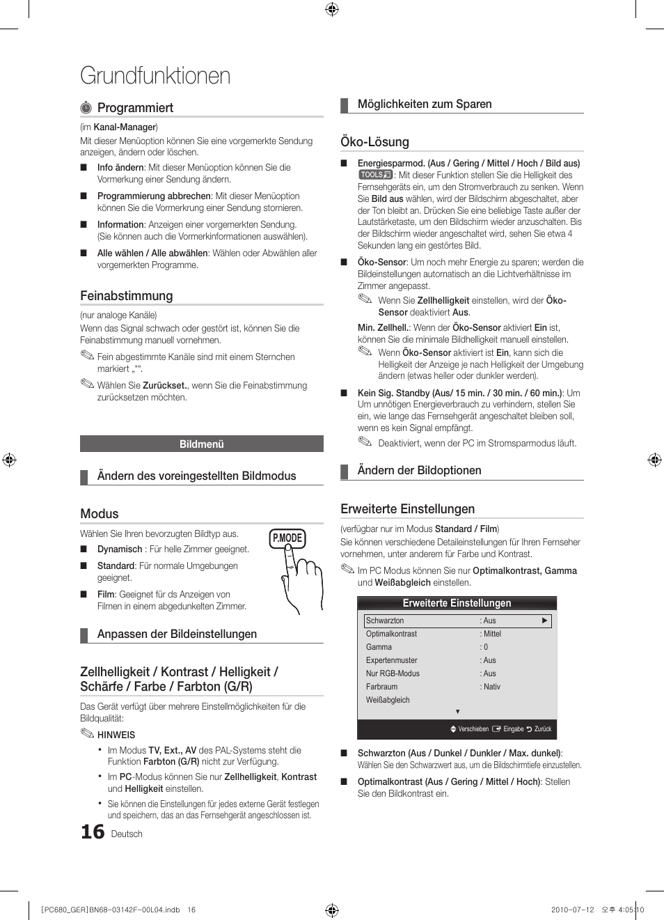 Grundfunktionen, Programmiert, Feinabstimmung | Modus, Öko-lösung, Erweiterte einstellungen | Samsung PS50C687G5S User Manual | Page 70 / 216