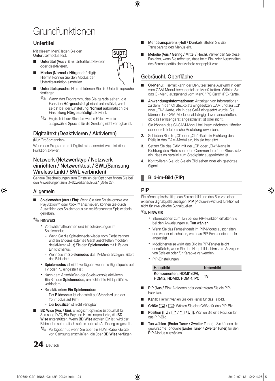 Grundfunktionen, Untertitel, Digitaltext (deaktivieren / aktivieren) | Allgemein, Gebräuchl. oberfläche | Samsung PS50C687G5S User Manual | Page 78 / 216