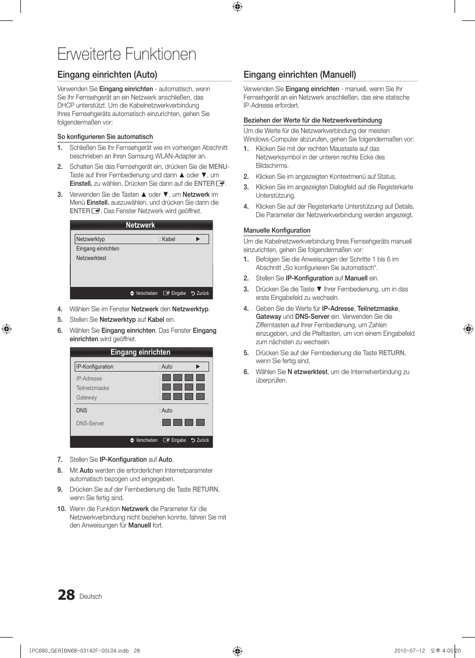 Erweiterte funktionen, Eingang einrichten (auto), Eingang einrichten (manuell) | Samsung PS50C687G5S User Manual | Page 82 / 216