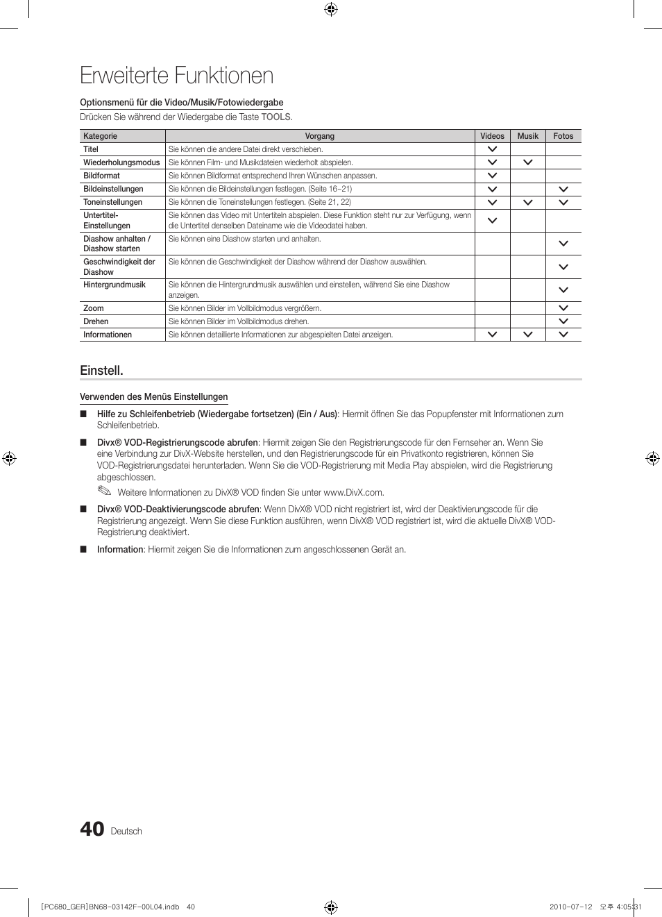 Erweiterte funktionen, Einstell | Samsung PS50C687G5S User Manual | Page 94 / 216