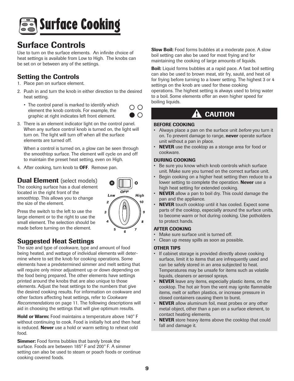 Surface cooking, Surface controls, Setting the controls | Dual element, Suggested heat settings, Caution | Amana 500 User Manual | Page 10 / 20