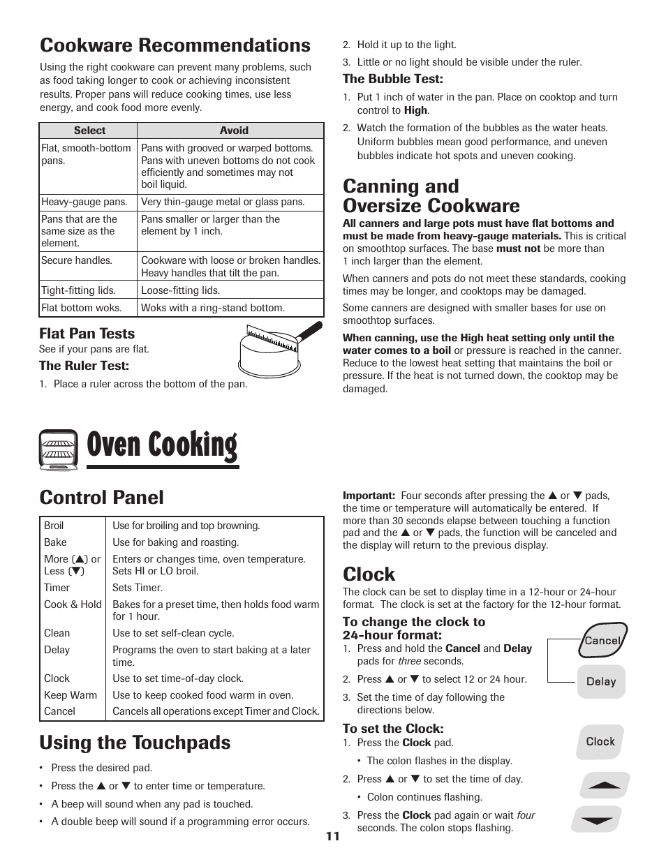 Oven cooking, Cookware recommendations, Canning and oversize cookware | Control panel using the touchpads, Clock, Flat pan tests | Amana 500 User Manual | Page 12 / 20