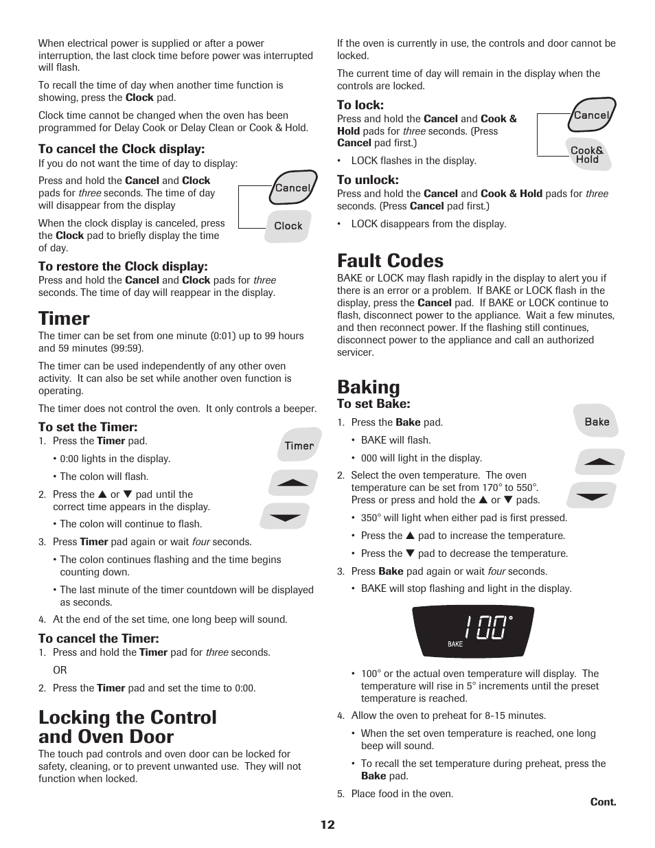 Timer, Locking the control and oven door, Fault codes | Baking | Amana 500 User Manual | Page 13 / 20