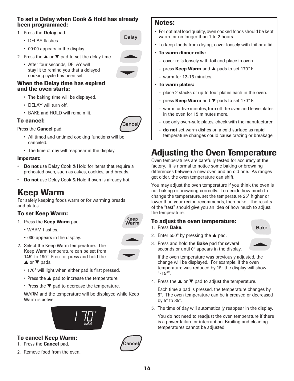 Keep warm, Adjusting the oven temperature | Amana 500 User Manual | Page 15 / 20