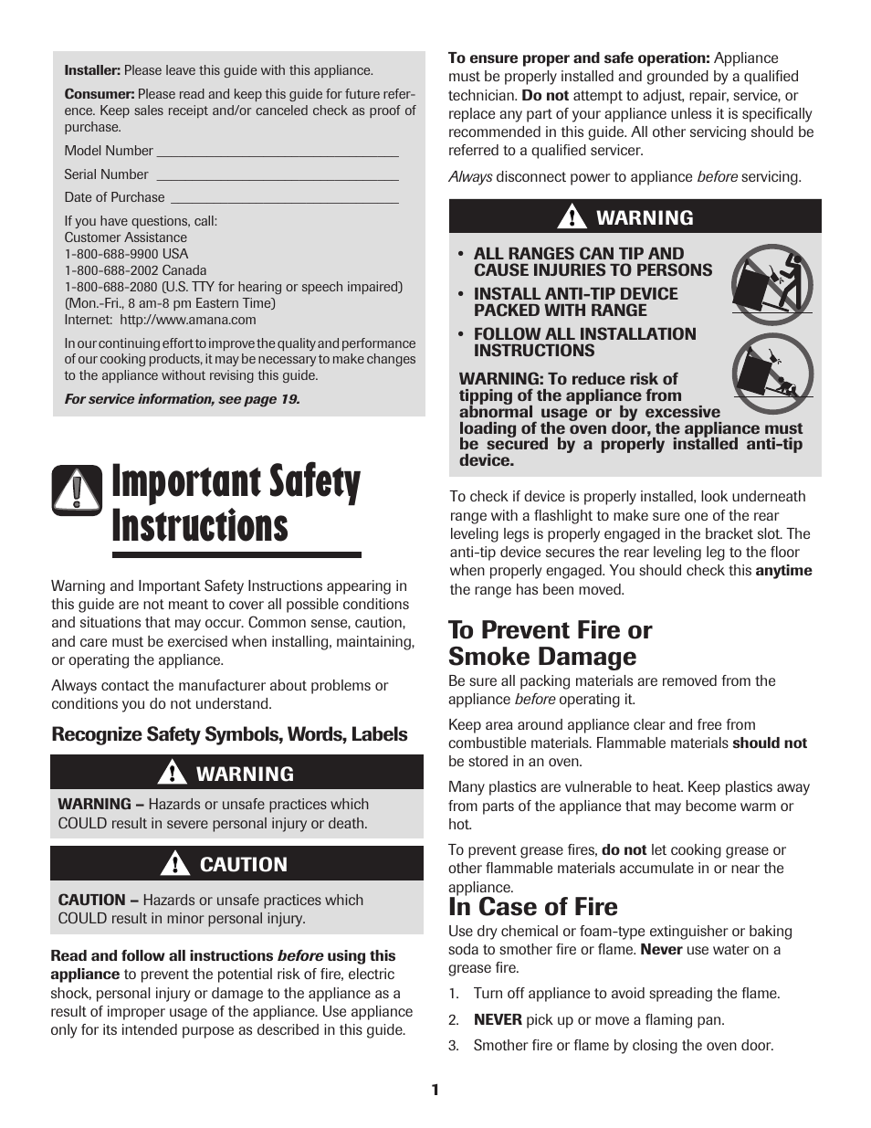 Important safety instructions | Amana 500 User Manual | Page 2 / 20