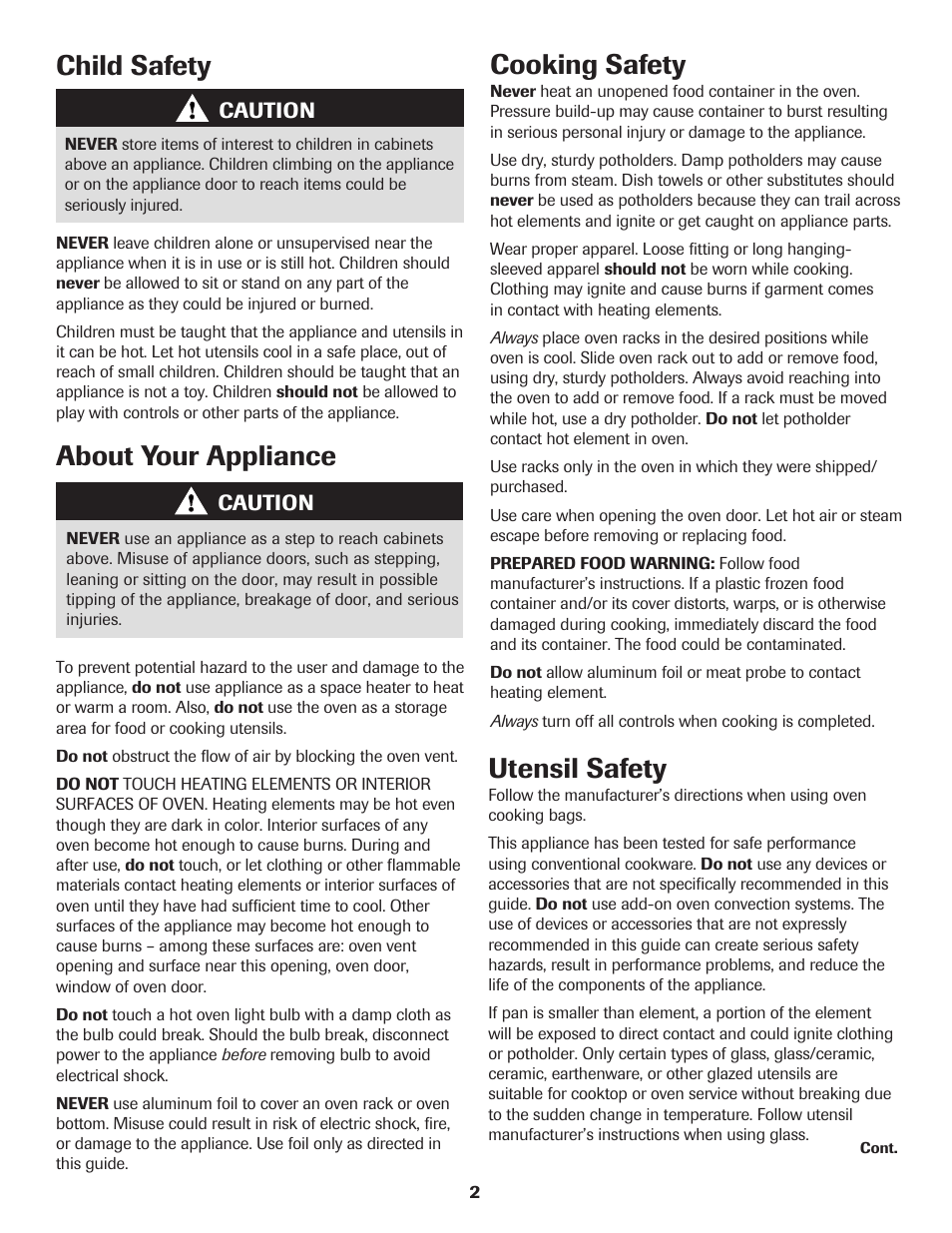 About your appliance cooking safety, Child safety utensil safety | Amana 500 User Manual | Page 3 / 20