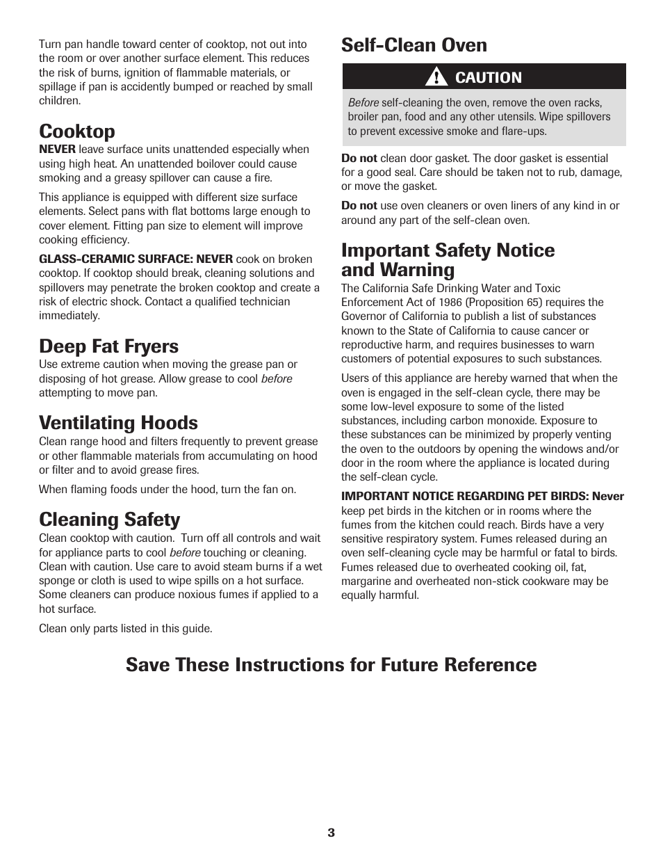 Self-clean oven, Cooktop, Deep fat fryers | Ventilating hoods, Cleaning safety, Save these instructions for future reference, Important safety notice and warning | Amana 500 User Manual | Page 4 / 20