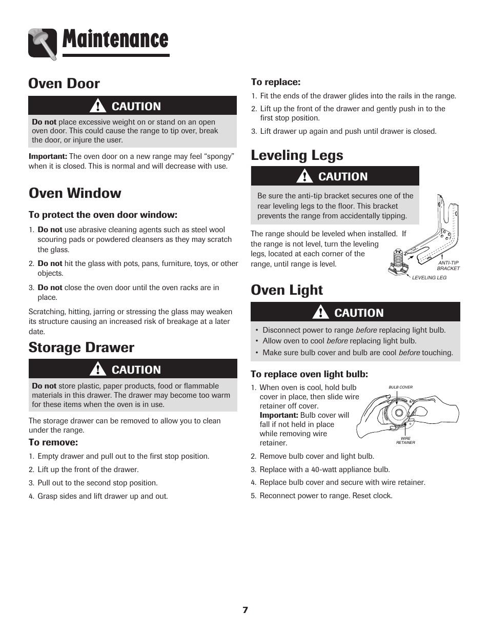 Maintenance, Oven door, Oven window | Leveling legs, Oven light, Storage drawer, Caution | Amana 500 User Manual | Page 8 / 20