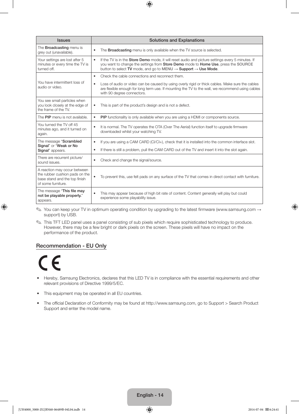 Recommendation - eu only | Samsung UE48H5090AS User Manual | Page 14 / 89