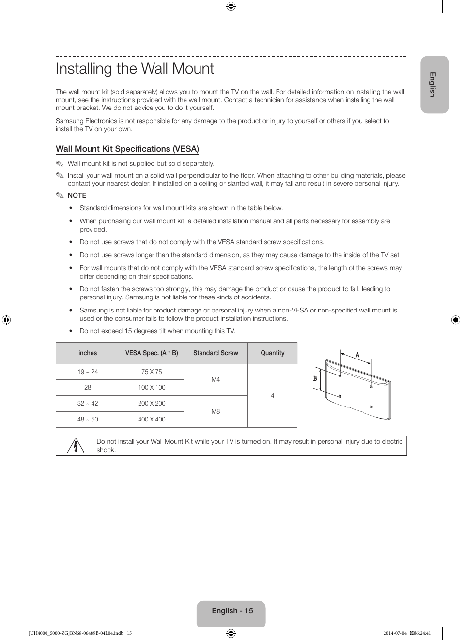 Installing the wall mount | Samsung UE48H5090AS User Manual | Page 15 / 89