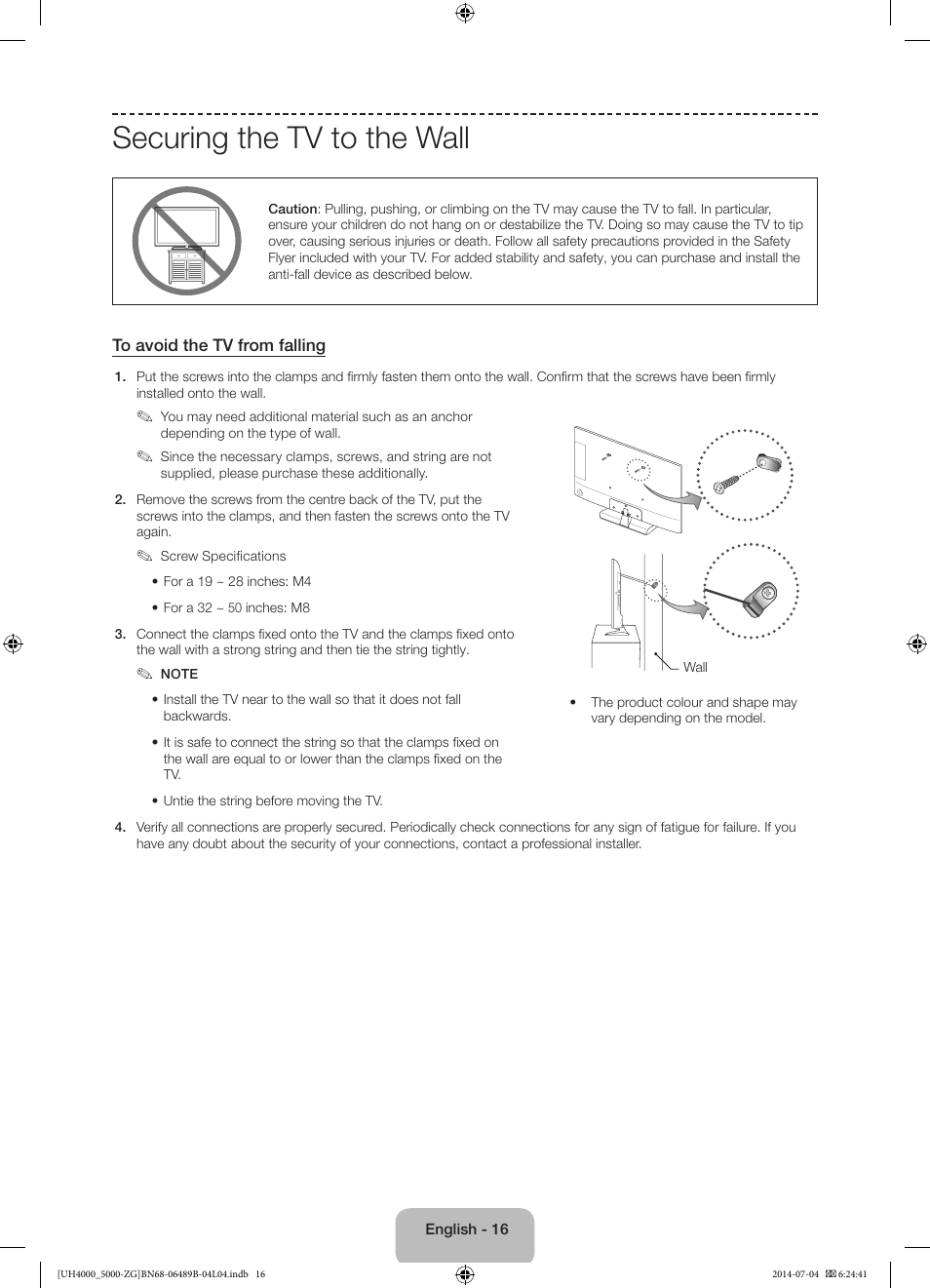 Securing the tv to the wall | Samsung UE48H5090AS User Manual | Page 16 / 89