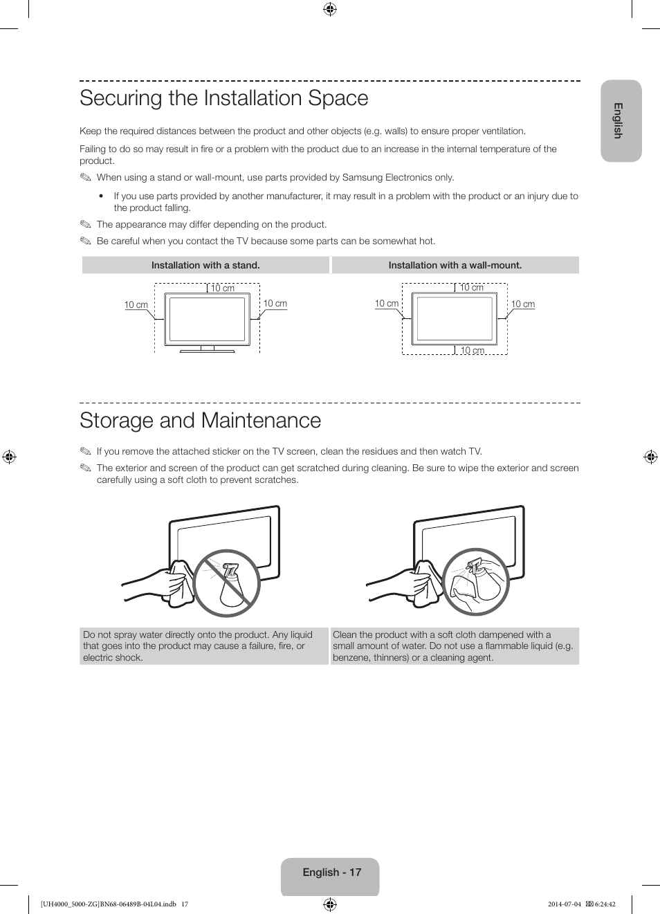 Securing the installation space, Storage and maintenance | Samsung UE48H5090AS User Manual | Page 17 / 89