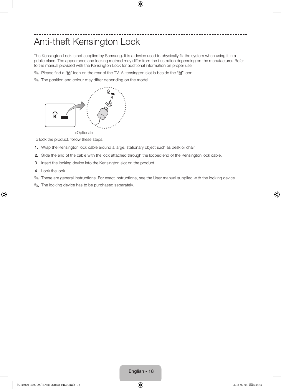 Anti-theft kensington lock | Samsung UE48H5090AS User Manual | Page 18 / 89