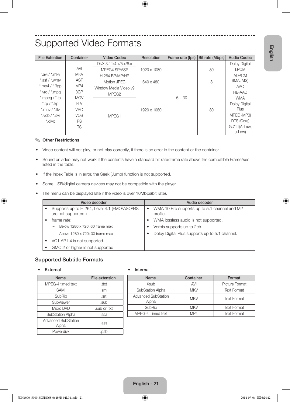 Supported video formats, Supported subtitle formats | Samsung UE48H5090AS User Manual | Page 21 / 89