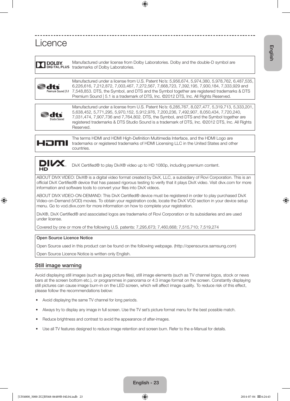 Licence | Samsung UE48H5090AS User Manual | Page 23 / 89