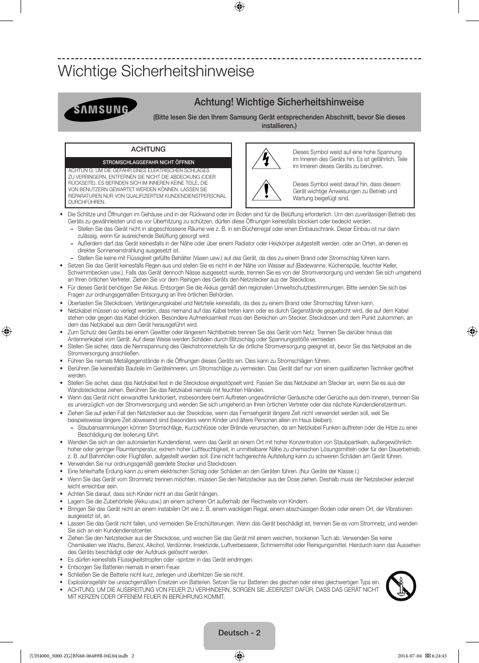Wichtige sicherheitshinweise, Achtung! wichtige sicherheitshinweise | Samsung UE48H5090AS User Manual | Page 24 / 89